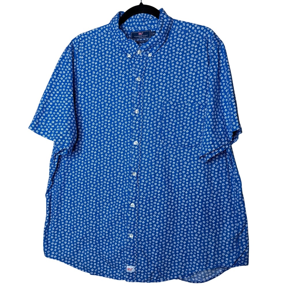 Vineyard Vines Mens XL Slim Fit Murray Shirt Blue Floral Cotton Short Sleeve
